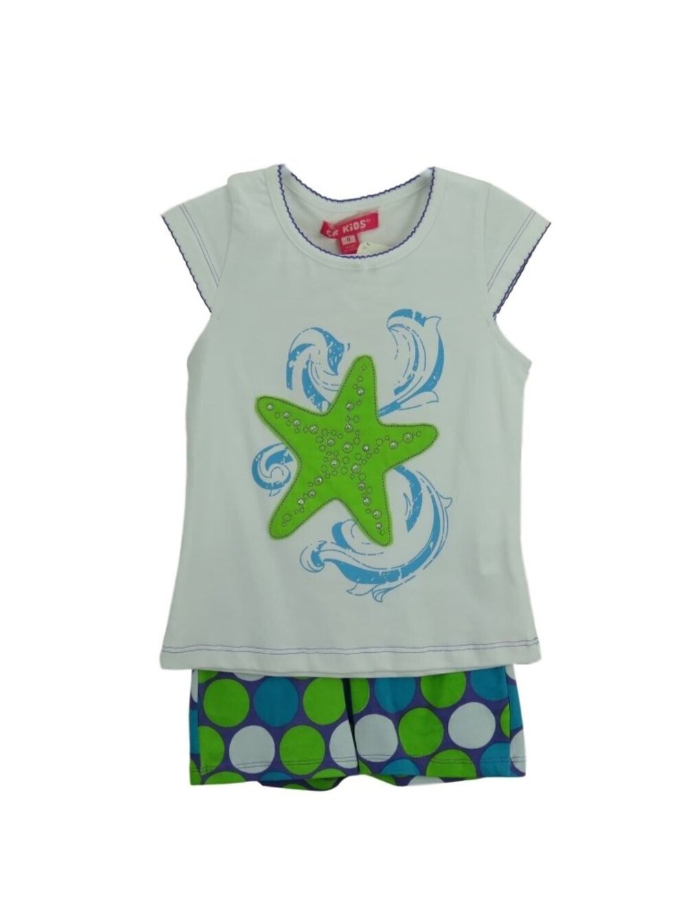 CR Kids Girl 4T Outfit Top Short Starfish Green Blue White Polka Dot Toddler